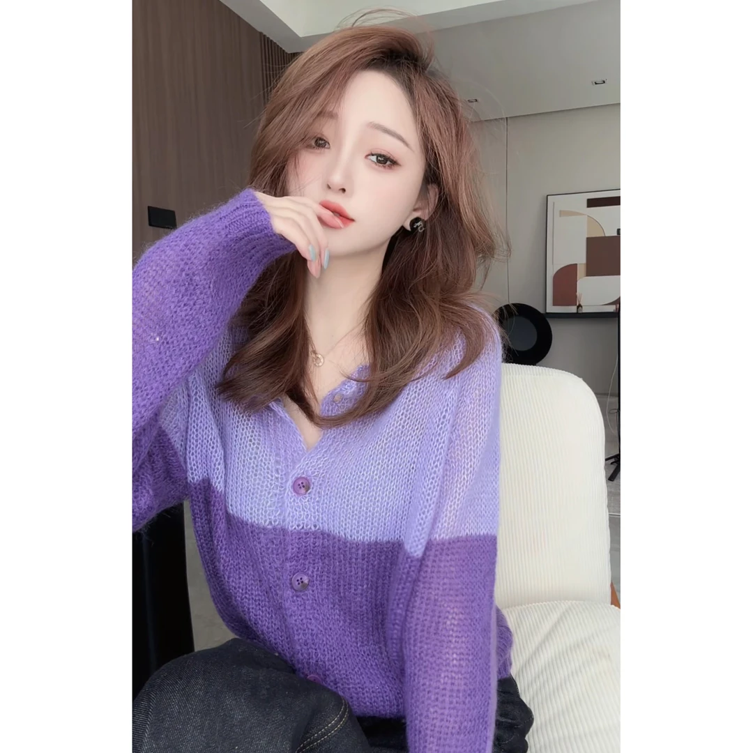 【CHEN】 时尚洋气拼色马海毛毛衣慵懒风显瘦长袖针织开衫24092615