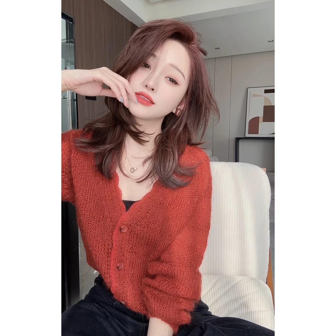 【CHEN】 气质女人味蕾丝毛衣红色慵懒长袖针织衫24100905