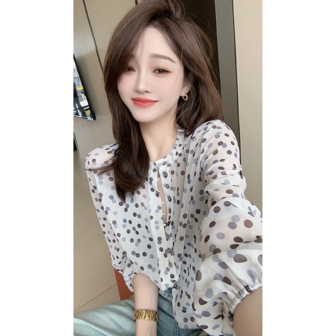 【CHEN】港风气质波点长袖防晒雪纺衬衫薄款女X1540