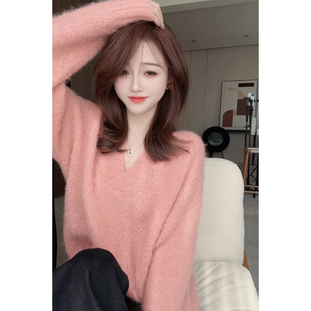 【CHEN】 洋气温柔减龄粉色毛衣气质长袖v领针织衫24101103