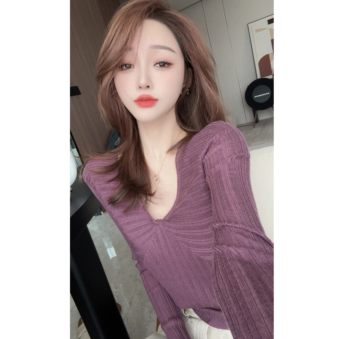 【CHEN】14气质女人味显白小衫时尚设计感v领长袖针织衫24091103