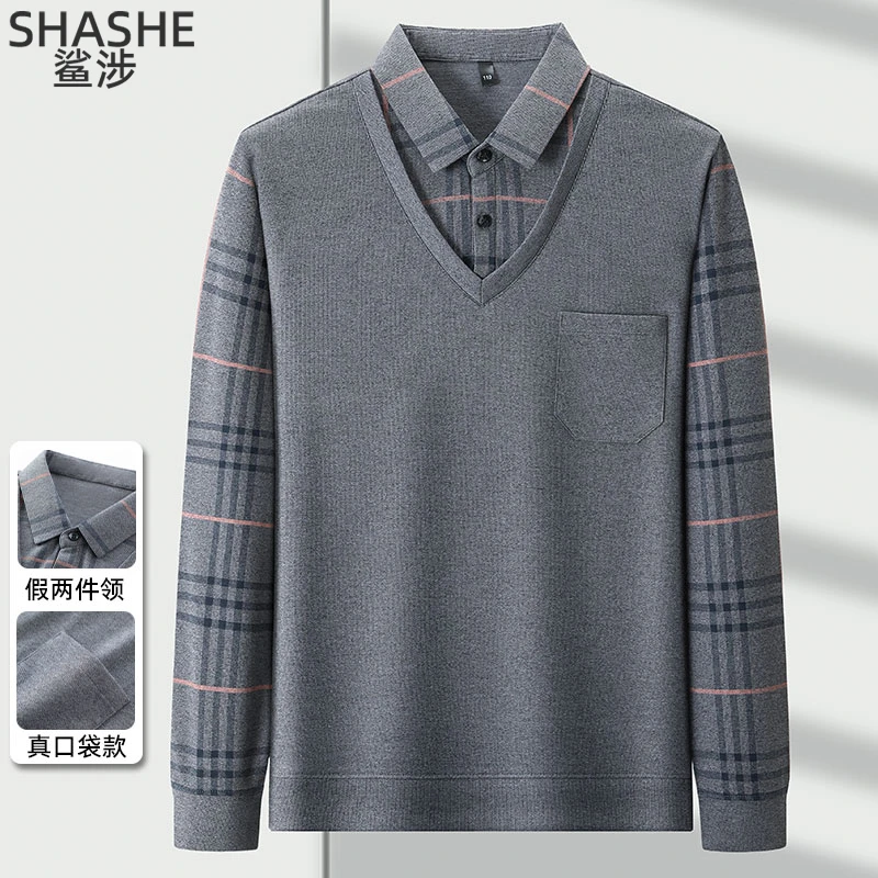 假两件春秋季中年休闲宽松长袖T恤男士爸爸中老年翻领宽松打底衫