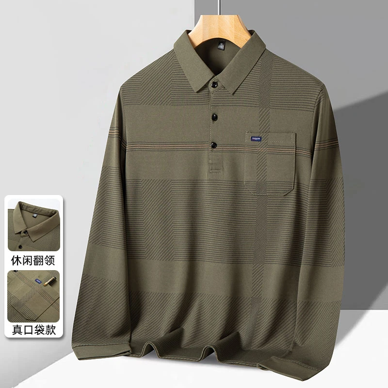 真口袋男士上衣翻领宽松薄款T恤春秋季休闲爸爸中老年装长袖polo