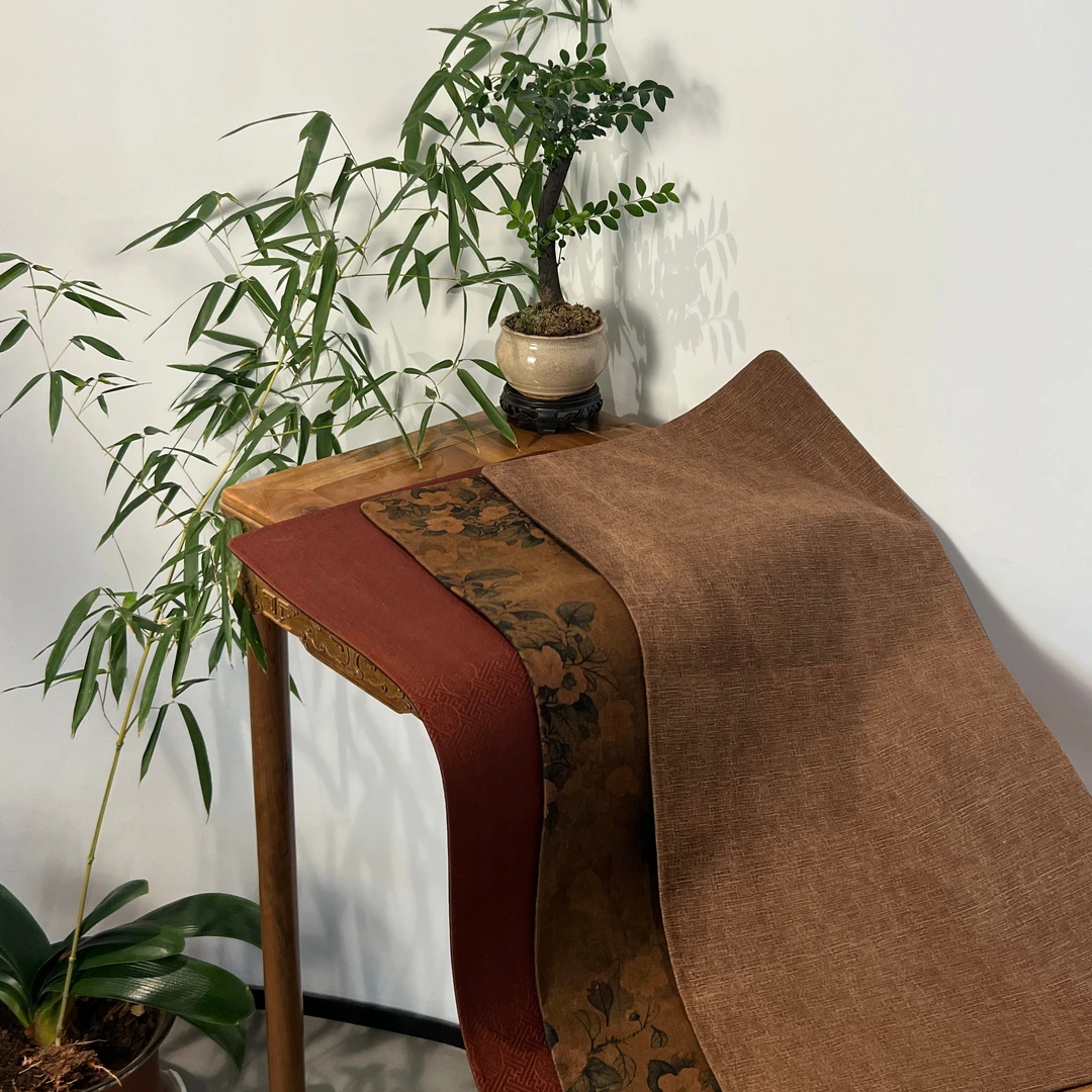 鹿茗茶室定制手工高档双面茶席香云纱立体提花绢纺双面双色复古