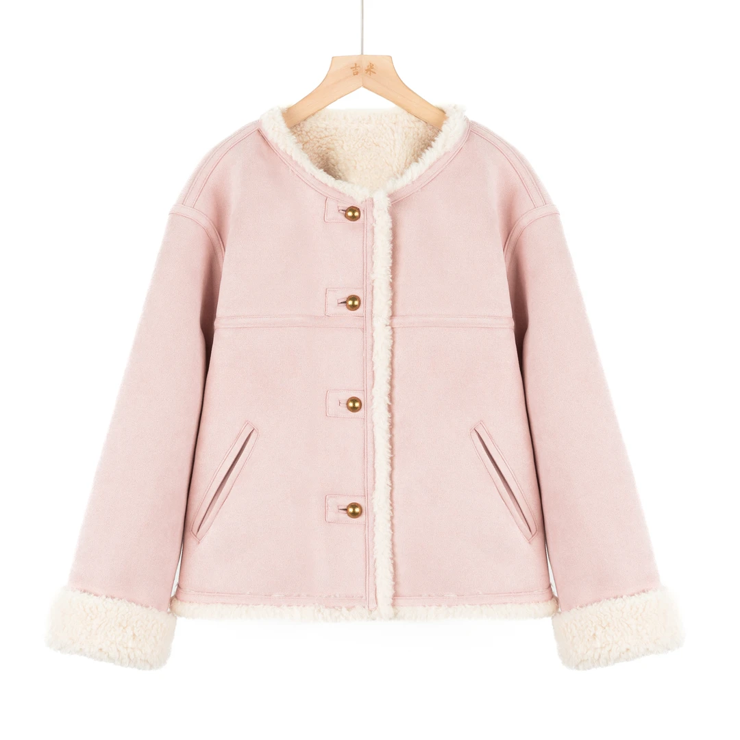 吉米原创-冬季皮粉色加厚时尚外套332511衣长54胸围132