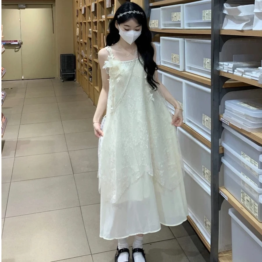樱田川岛法式重工蕾丝拼接吊带连衣裙女夏设计感立体花朵仙女裙子