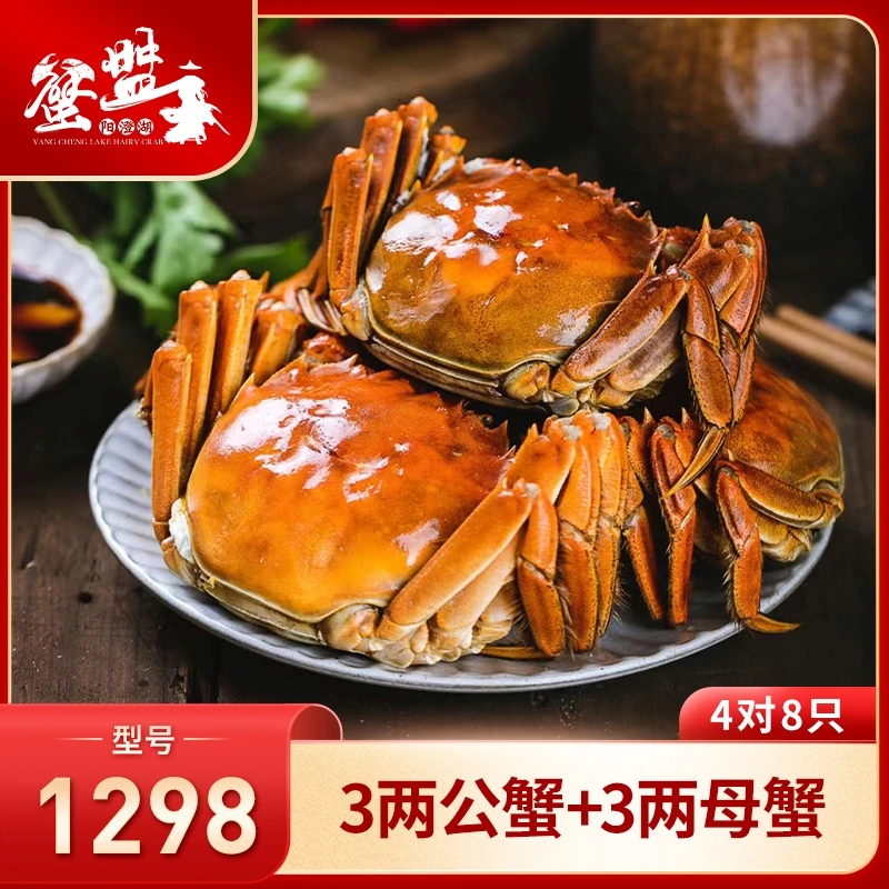 蟹盟主【活蟹】阳澄湖大闸蟹1298型3两公+3两母 4对8只【塘蟹】2