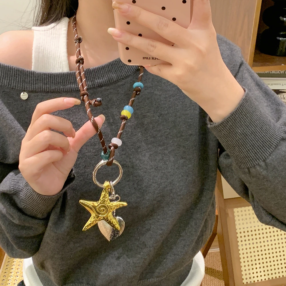 非金属布艺项链 复古串珠爱心海星吊坠项链秋冬甜酷长款毛衣链潮