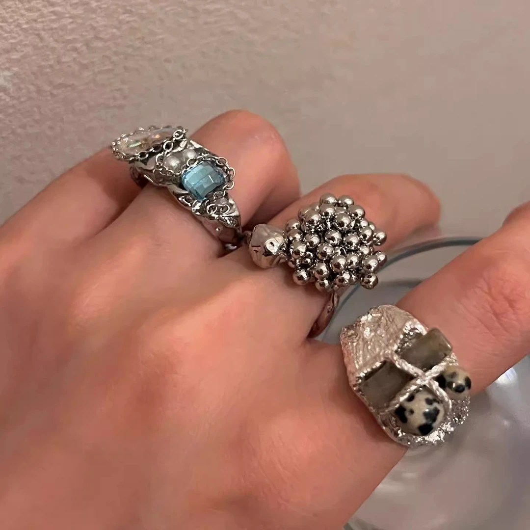 铜合金戒指 金属质感豹纹圆球串珠戒指女复古仿水晶镶嵌开口指环