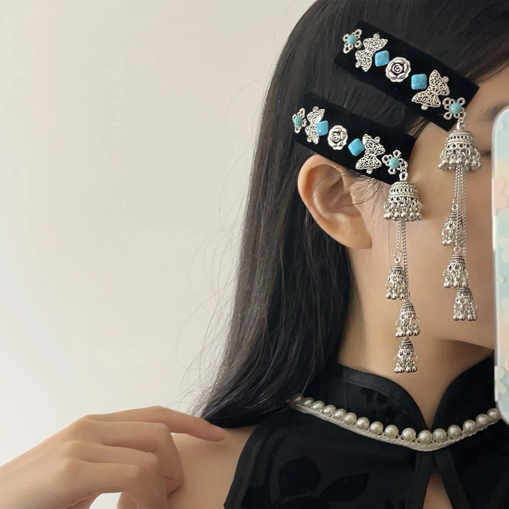 民族风蝴蝶玫瑰花铃铛流苏发夹复古长款藏族刘海夹蒙古族草原发饰