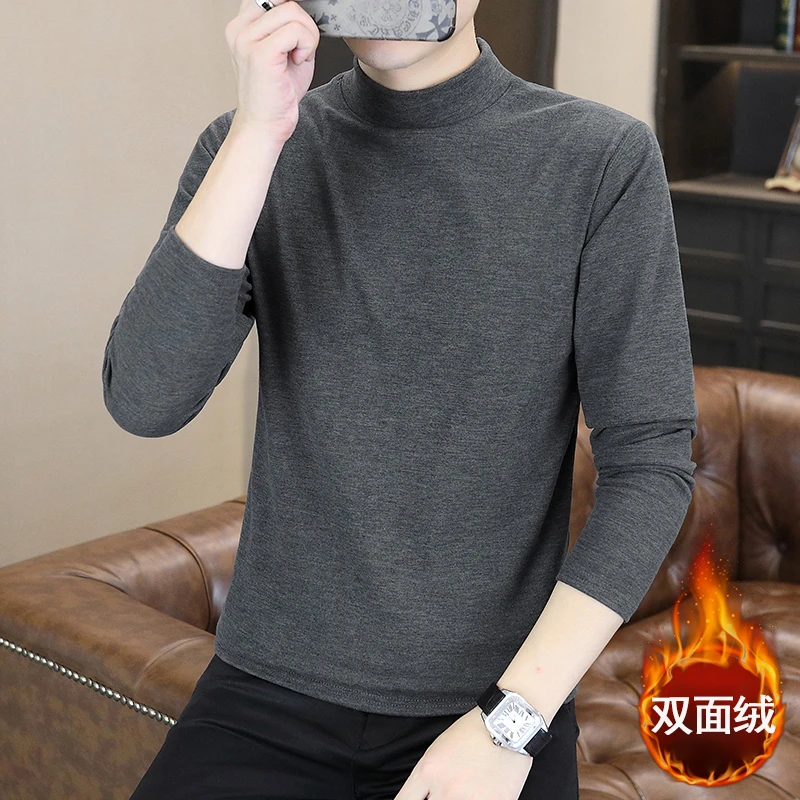 高飞冬季新款男士双面绒半高领卫衣高弹修身纯色保暖百搭上衣8828