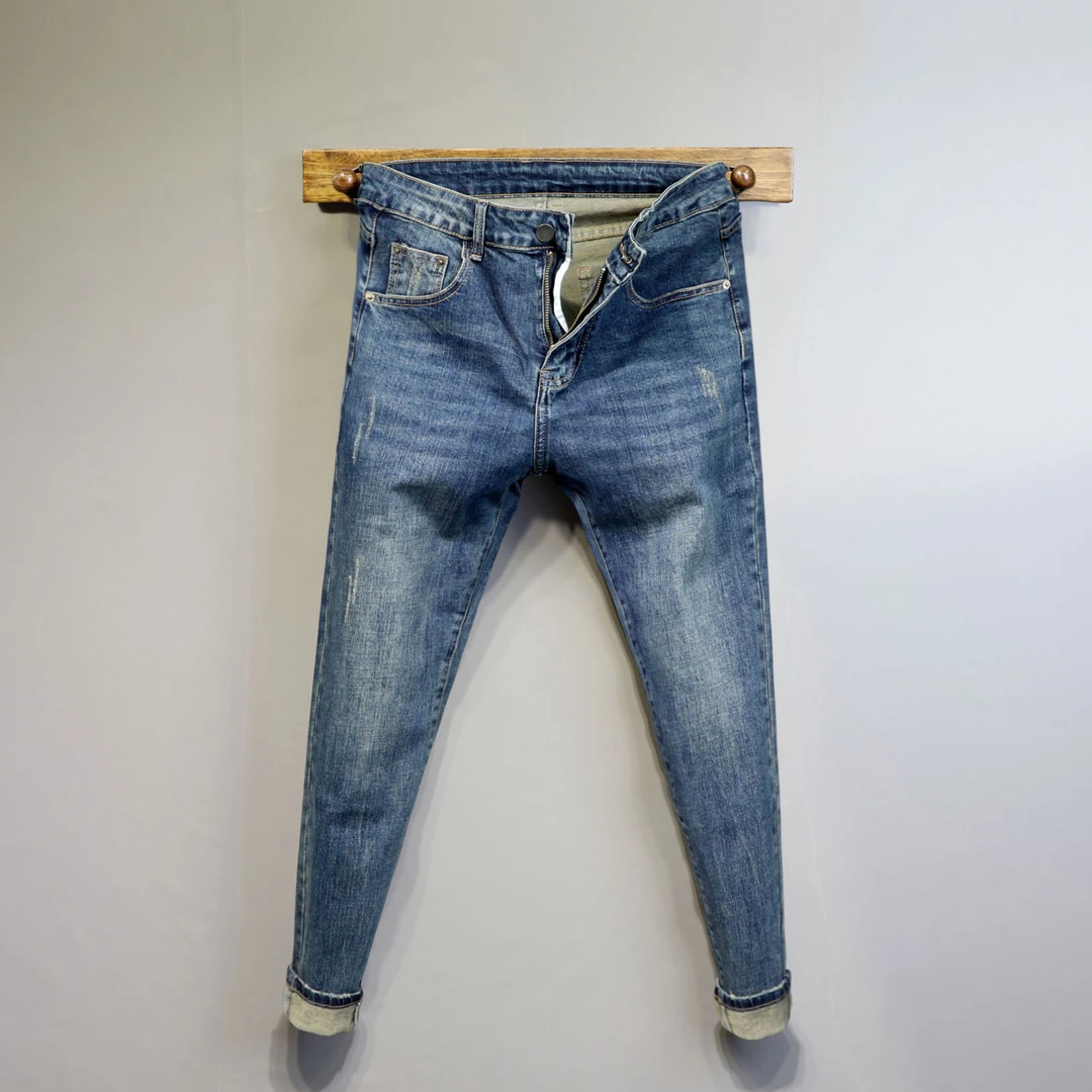 九分牛仔裤男士春秋季刮烂百搭弹力韩版蓝色水洗潮牌修身小脚裤子