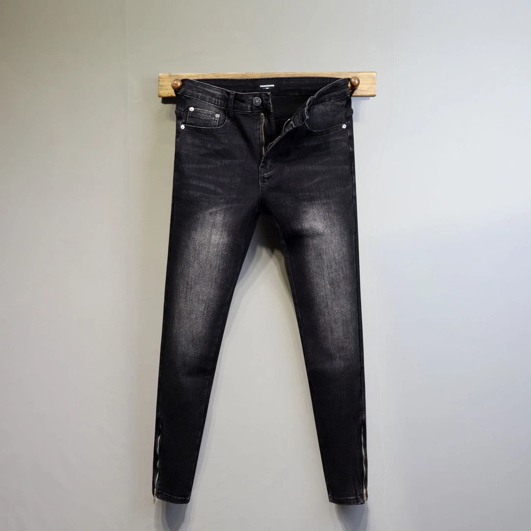 潮牌青年时尚黑色做旧水洗裤脚拉链高街修身牛仔长裤男士小脚裤