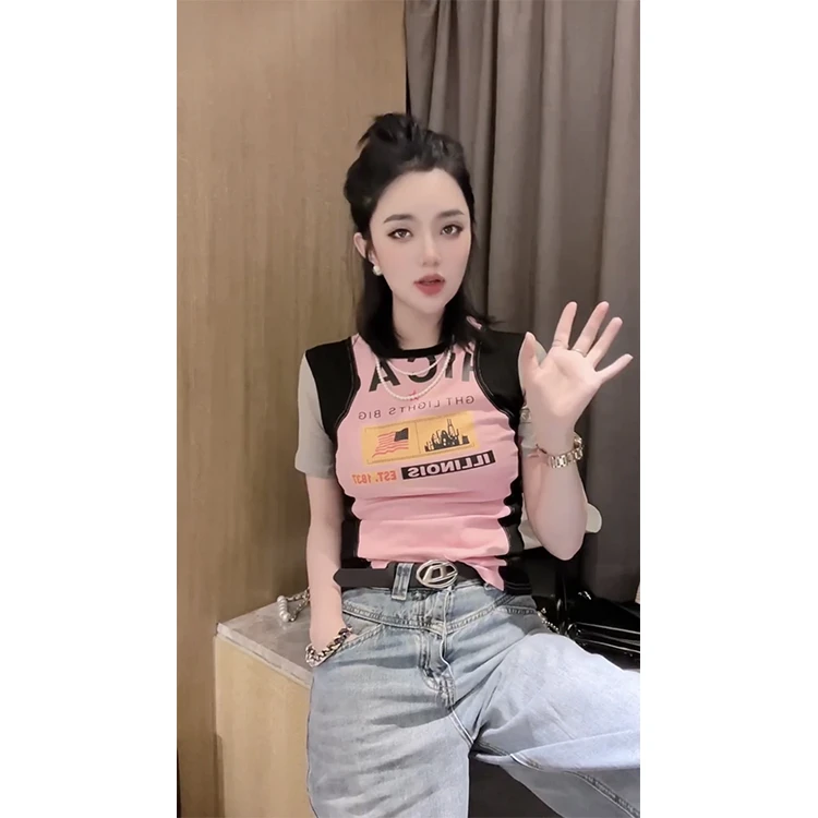 2025春夏ins新款网红时尚撞色时髦辣妹修身圆领短袖T恤上衣女拼接