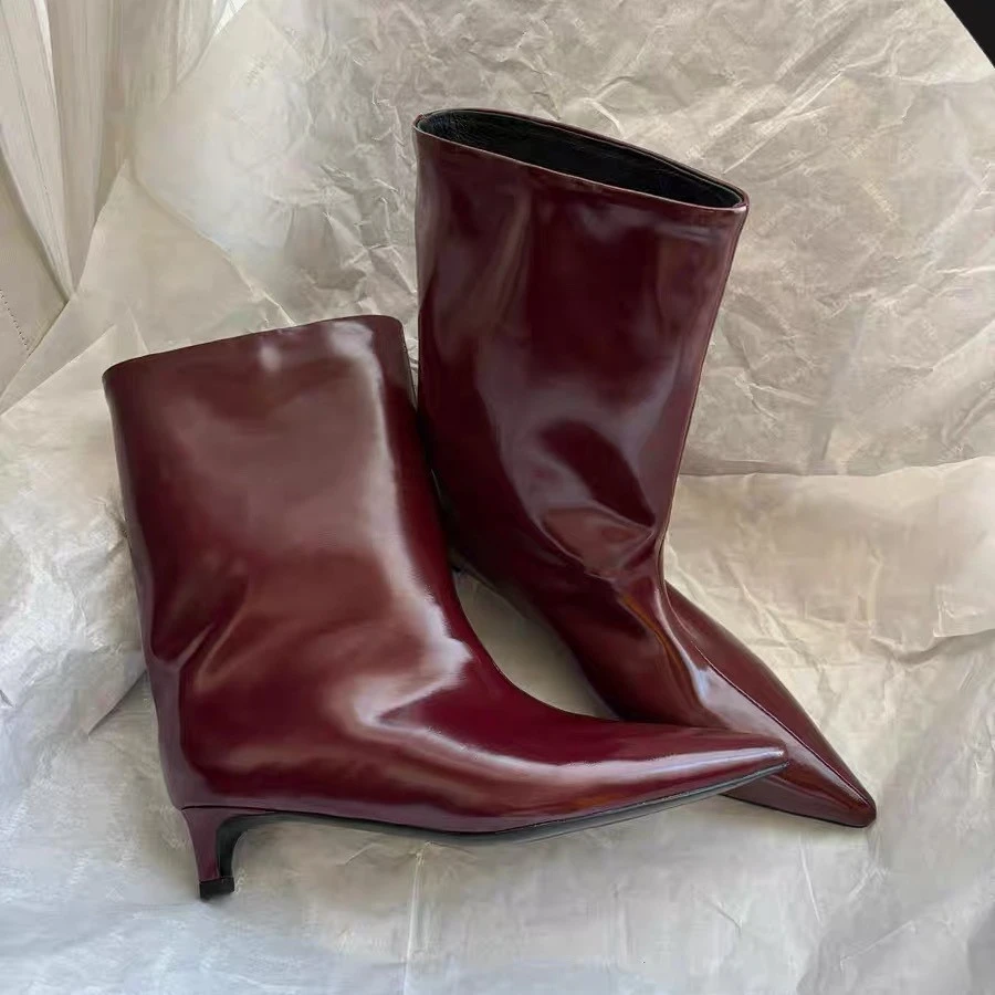 极简百搭轻奢宽筒靴子真皮尖头小猫跟中筒靴中跟通勤单靴细跟短靴