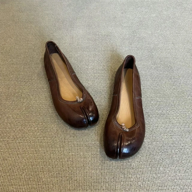 牛皮版～不一样的水洗分趾鞋女浅口银色猪蹄单鞋芭蕾舞鞋新款