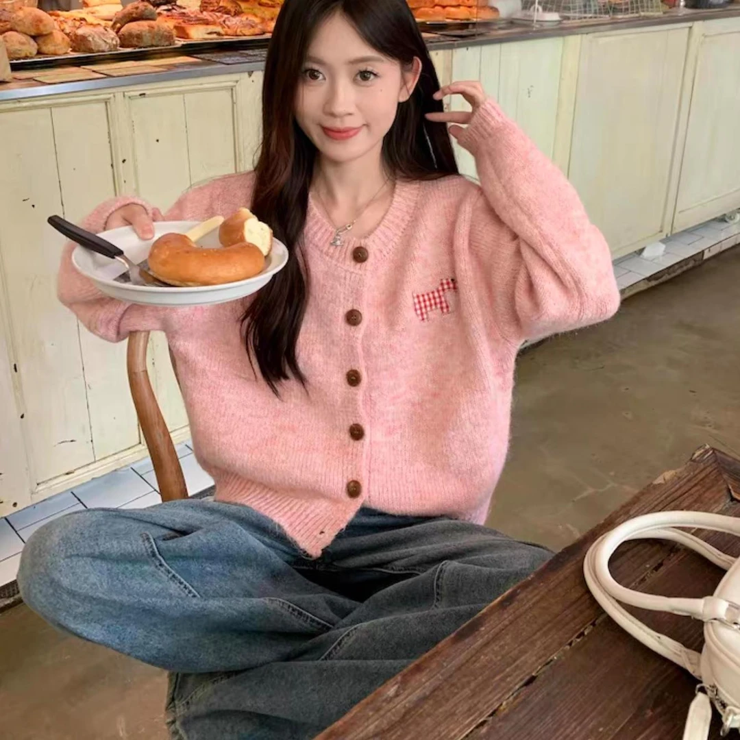 粉色格小马长袖毛衣开衫外套女2025早秋新款慵懒风针织衫软糯上衣