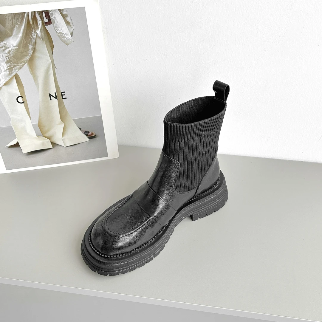 4cm/UE1518牛皮弹力袜靴女秋冬真皮圆头厚底短靴增高显瘦马丁靴