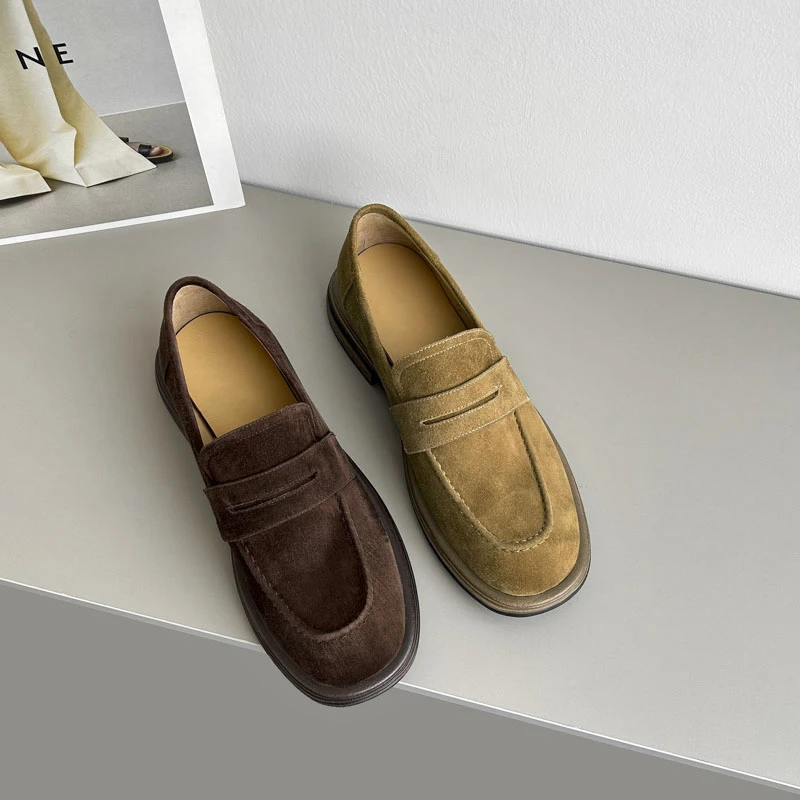 YM817/3cm羊皮厚底乐福鞋圆头女休闲百搭真皮软底复古单鞋