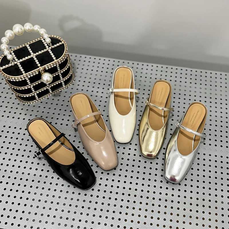 现货，断码福利】UE879A/3.5cm牛皮玛丽珍平底方头包头半拖鞋女低跟