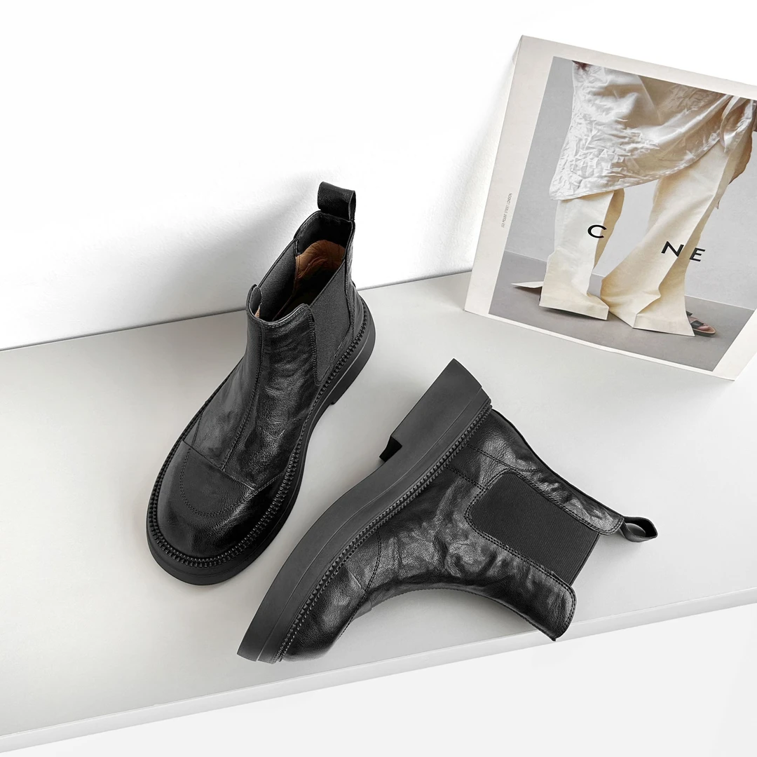 现货】4cm/FX1569牛皮增高厚底切尔西靴女秋冬短靴粗跟女靴真皮