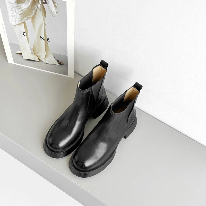 5cm/UE1500A牛皮短靴女秋冬百搭真皮圆头粗跟短筒女靴厚底增高