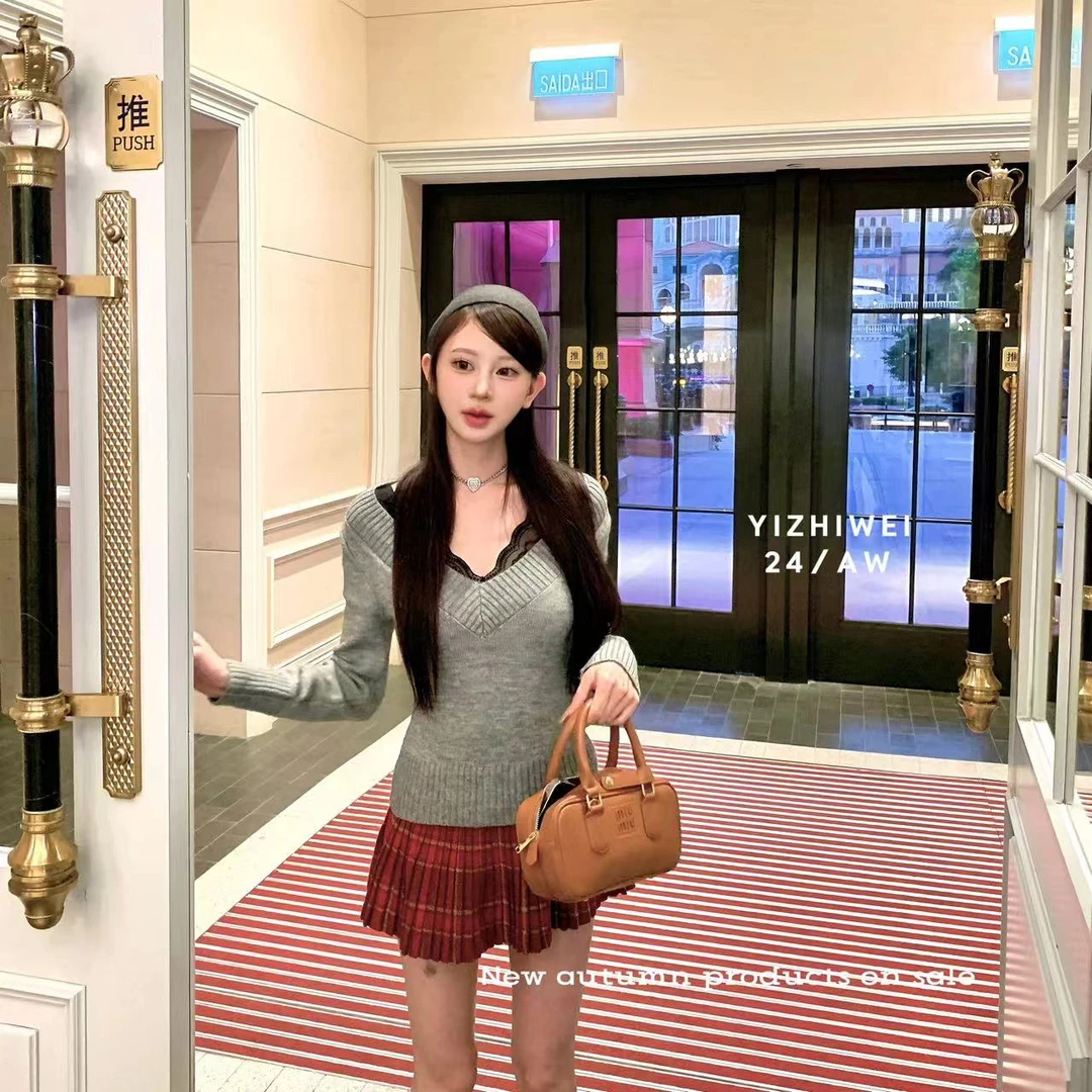 一芝薇velvet灰色绝绝腰臀比 复古收腰中长款上衣V领打底衫 套装