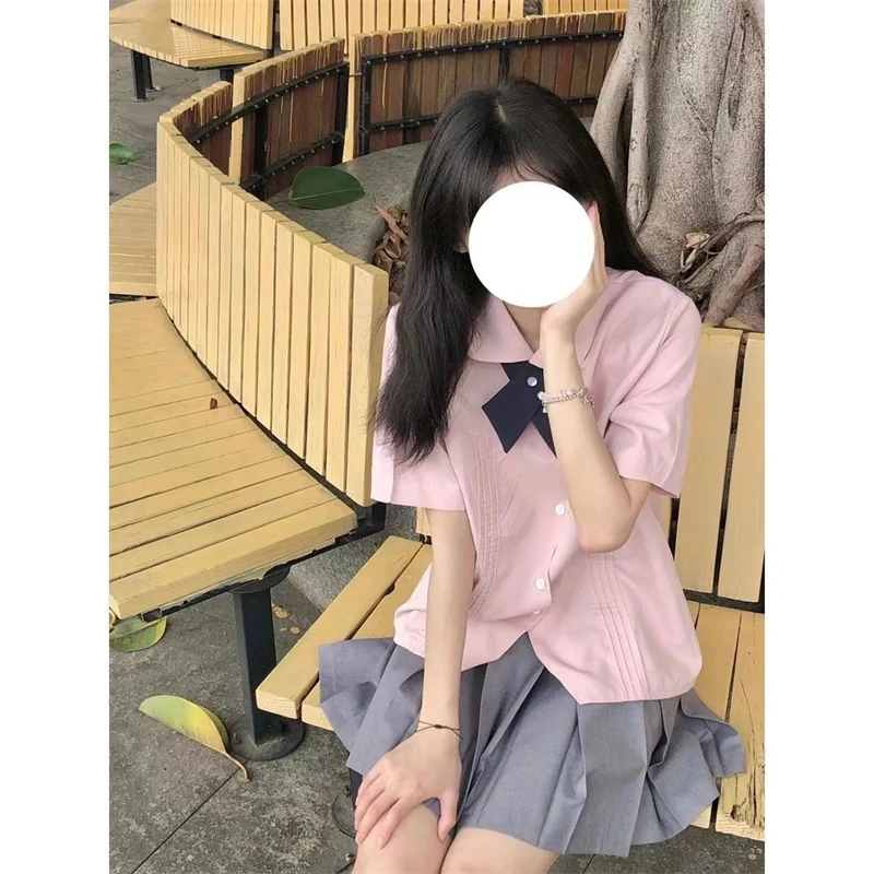 【夏季新款】小个子jk学院风粉色衬衫上衣+灰色百褶裙套装女