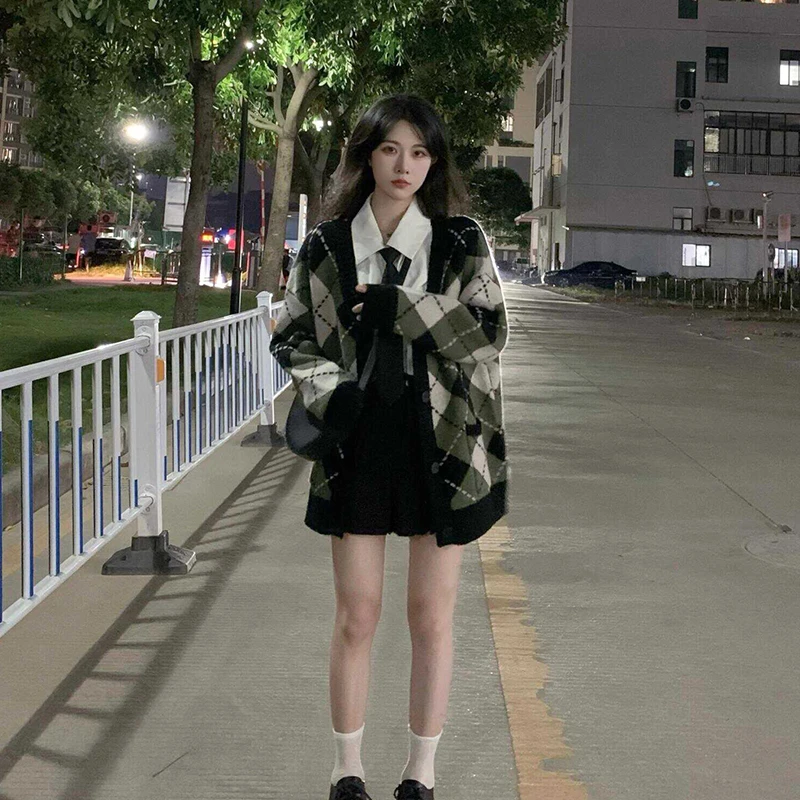 【港风复古四件套装】学院风菱格撞色针织毛衣开衫衬衫显瘦百褶裙