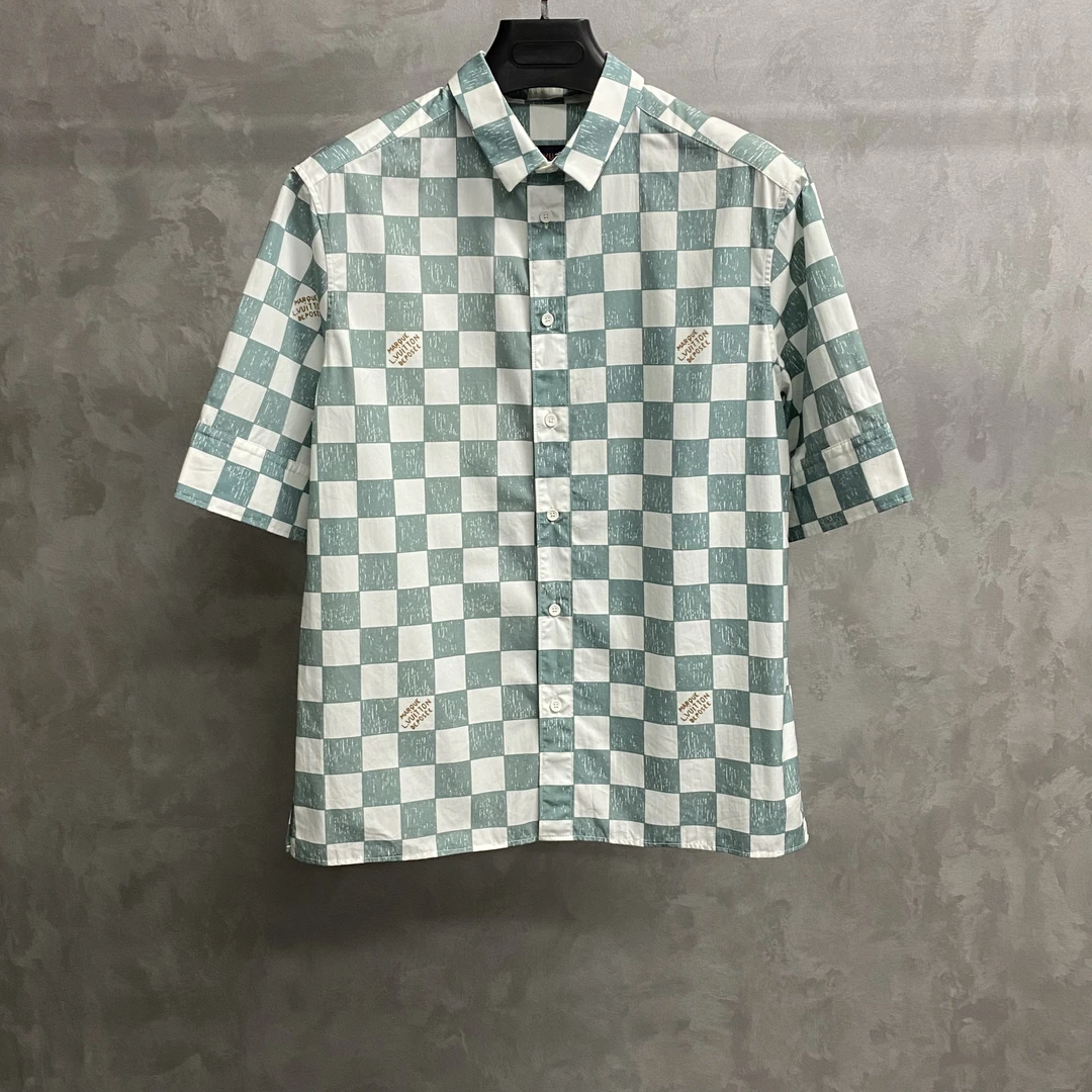louis vuitton 白绿棋盘格满印图案logo短袖衬衫/S/99新