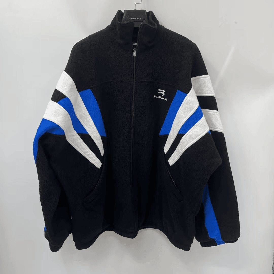 balenciaga 黑白蓝拼色条纹刺绣logo摇粒绒夹克/xs/99新