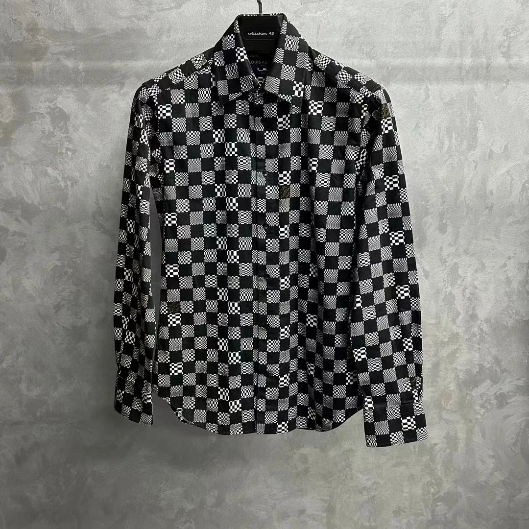 louis vuitton 黑灰色棋盘格满印图案logo长袖衬衫/Xs/99新
