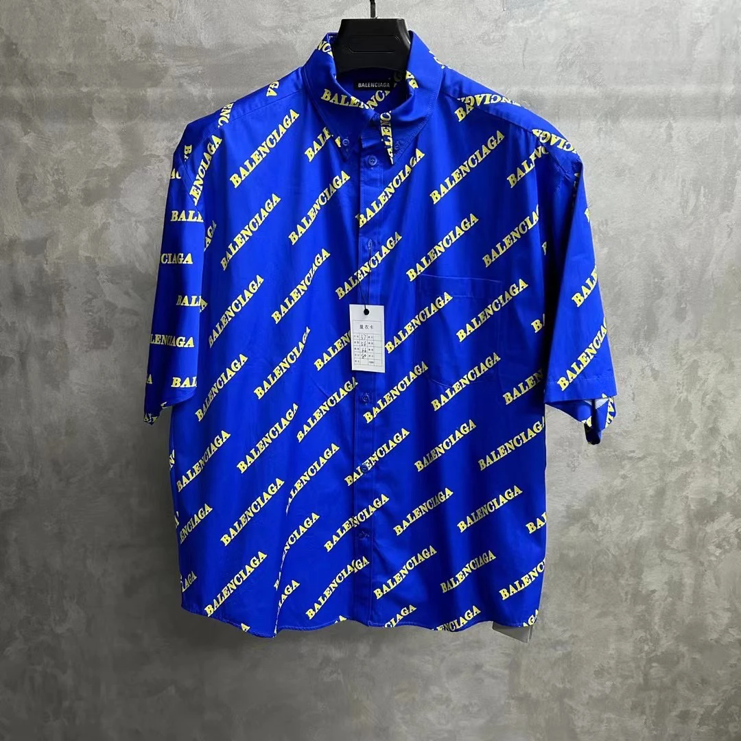 全新未使用 Balenciaga/巴黎世家 克莱因蓝满印图案短袖衬衫/37码
