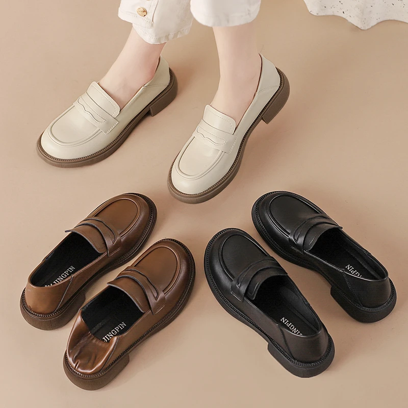 新款全皮软皮时尚百搭乐福鞋软底软面单鞋真皮厚底女鞋圆头防滑