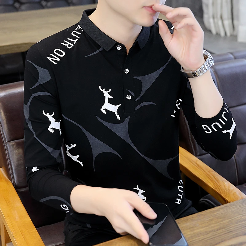 2025春夏新款男士翻领长袖T恤时尚潮流印花打底POLO衫帅气上衣T恤