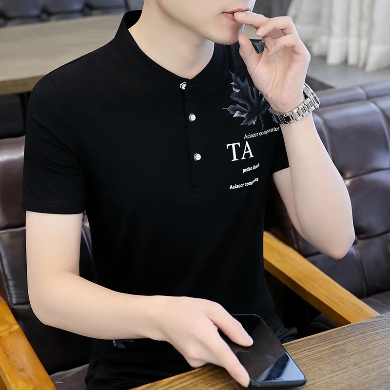 2025男士夏季新款立领短袖T恤时尚潮流休闲百搭印花POLO衫半袖