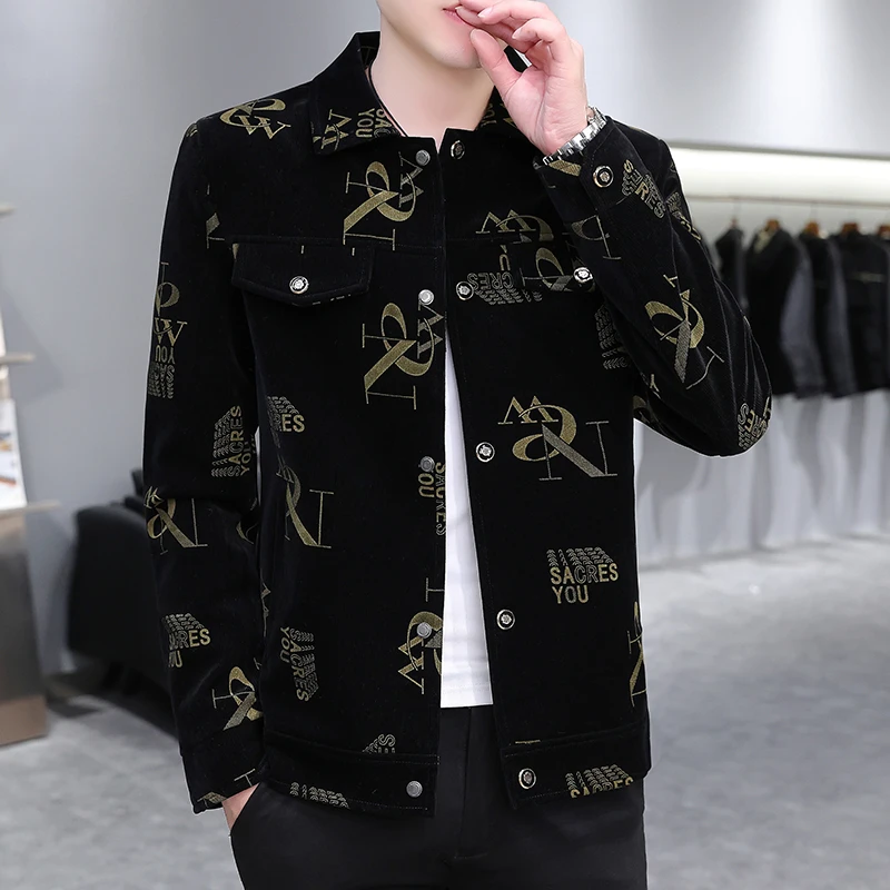 男士2025春秋新款印花外套时尚帅气休闲翻领冬季加绒加厚夹克上衣