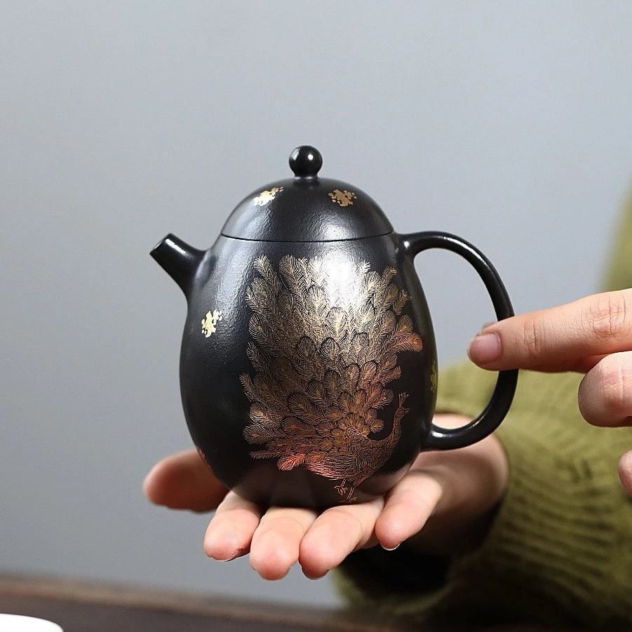 《龙蛋》焐灰/炝金系列 180cc/双层盖·内推孔茶壶