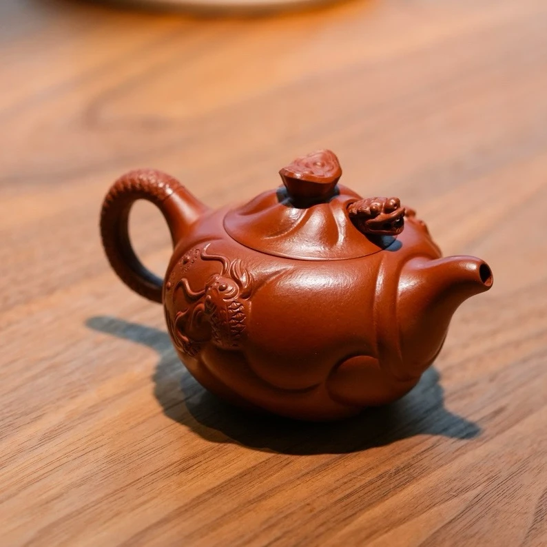 《鱼化龙》大红袍 手工制小品120cc茶壶紫砂壶