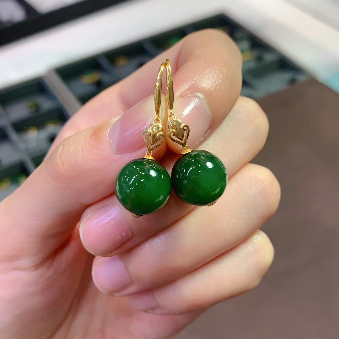 18k加厚金镶嵌 天然和田玉碧玉猫眼圆珠耳坠 尺寸约：12mm左右