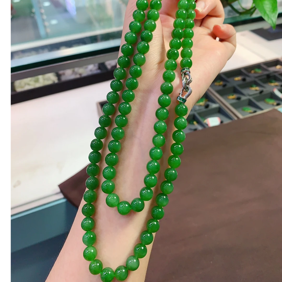 天然和田玉碧玉圆珠108颗项链 毛衣链 尺寸约：8.0mm左右 阳绿色