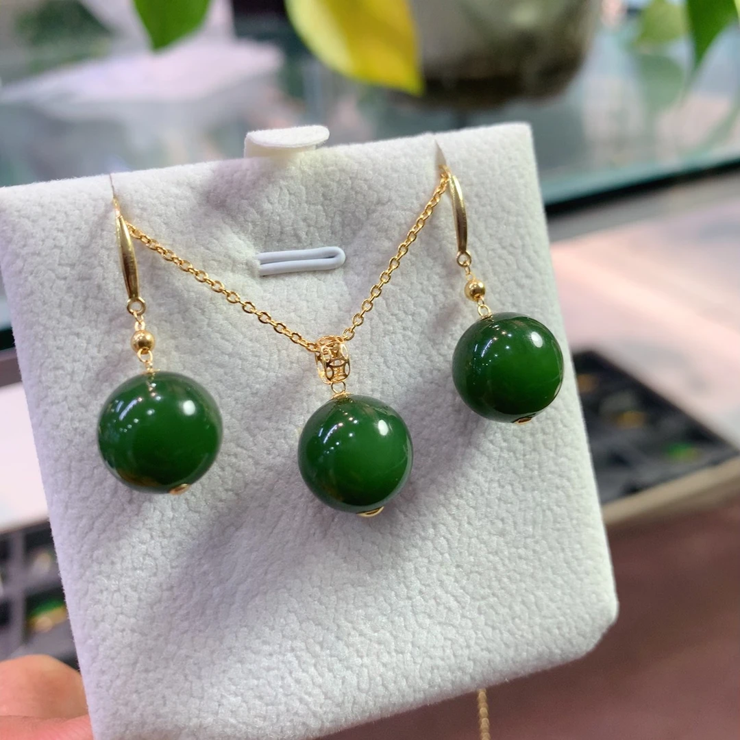 18k金镶嵌 天然和田玉碧玉圆珠吊坠耳坠套装 圆珠尺寸约12mm左右