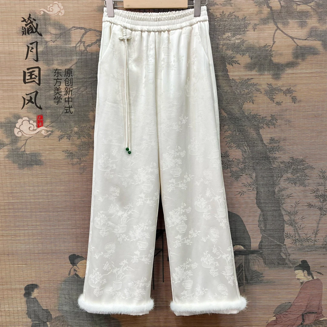 藏月国风新中式提花加绒水貂毛厚冬季新款松紧腰显瘦百搭直筒裤女