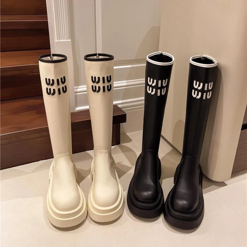 厚底粗跟显腿瘦不过膝长筒弹力靴女2024秋冬新款字母增高机车长靴