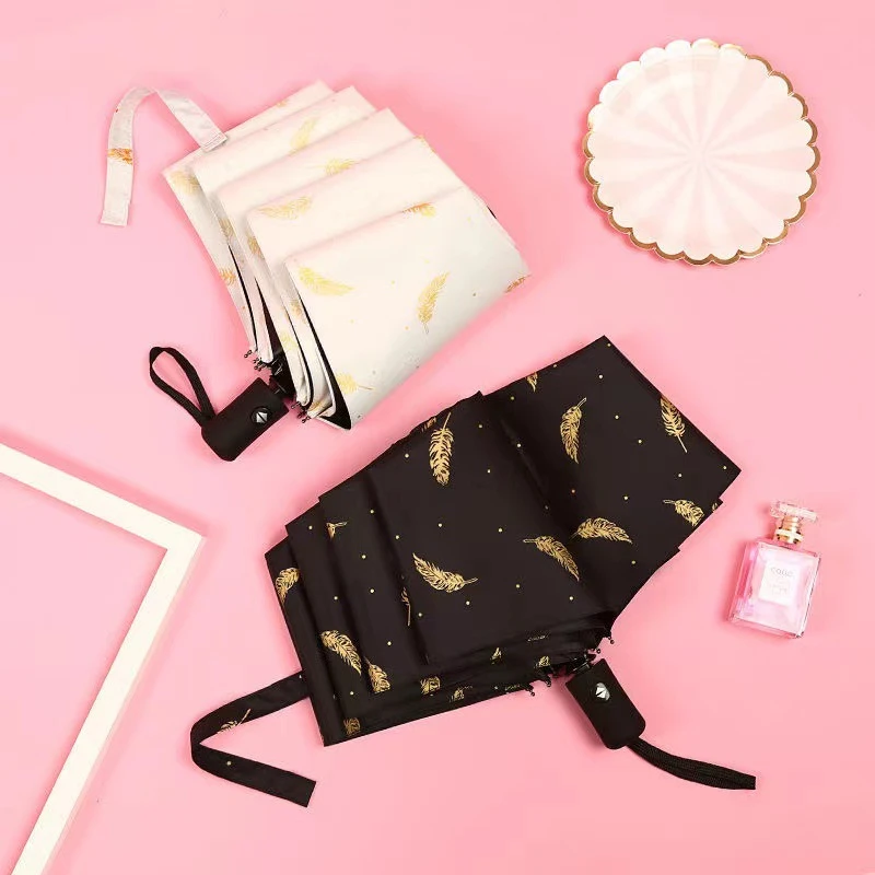 小清新版羽毛三折伞黑胶防晒太阳伞折叠防紫外线学生伞uv遮阳雨伞