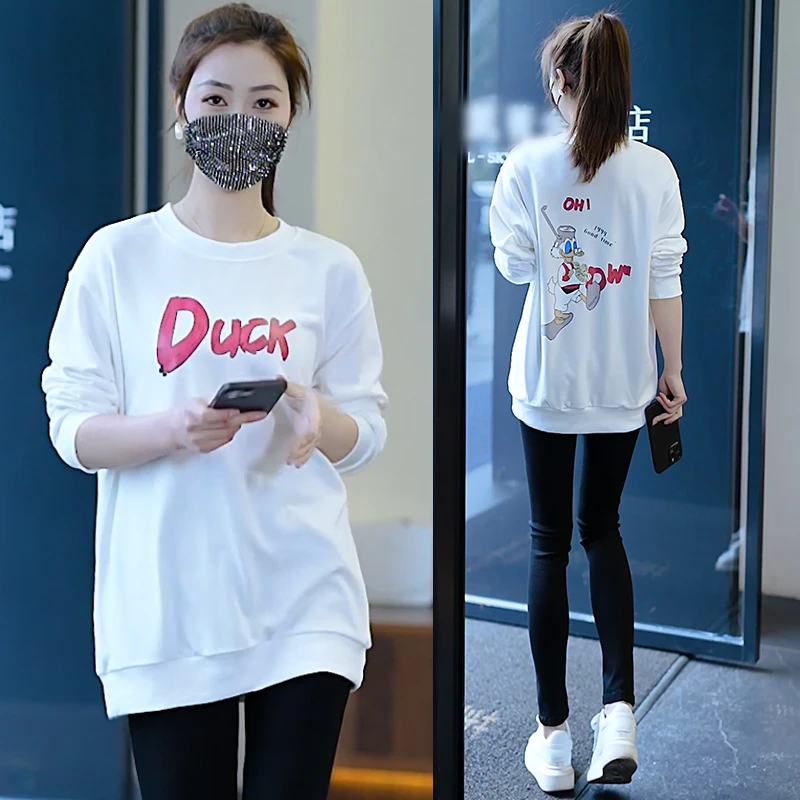 加绒加厚中长款卫衣女2023春秋冬季宽松百搭休闲服遮肚子显瘦上衣