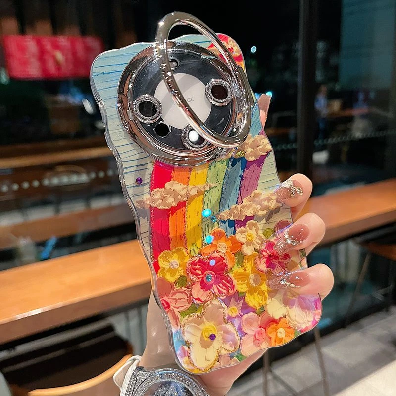 适用华为mate60系列苹果新款手机壳高级彩虹花全包隐形支架镜头膜