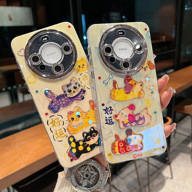 适用华为mate60 p70新款手机壳可爱蓝光点钻好运发财小狗全包闪粉