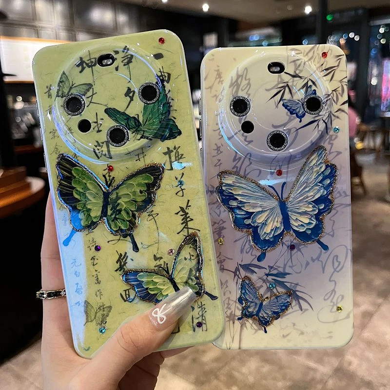 适用华为mate60苹果系列新款手机壳复古国风系绿色蝴蝶全包防摔
