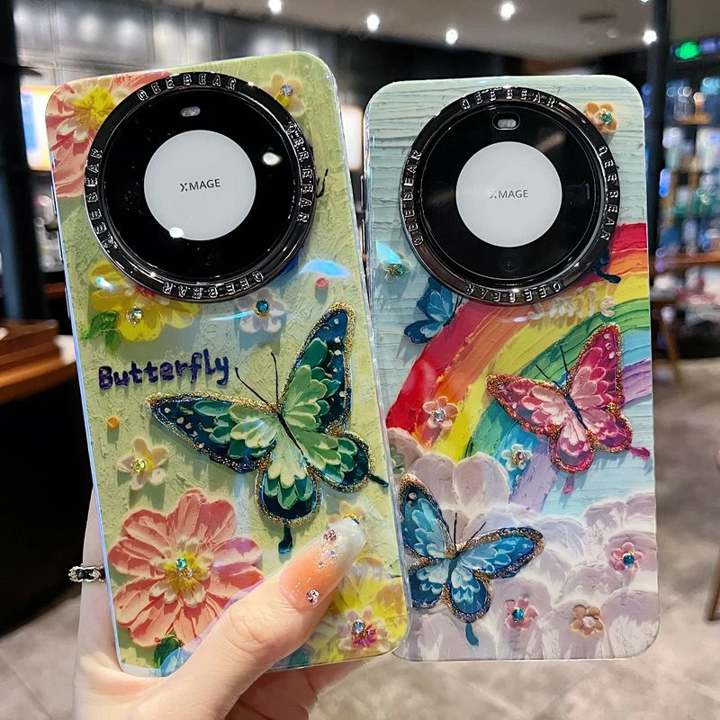 适用华为mate60苹果系列新款手机壳女款中国风复古彩虹蝴蝶防摔14